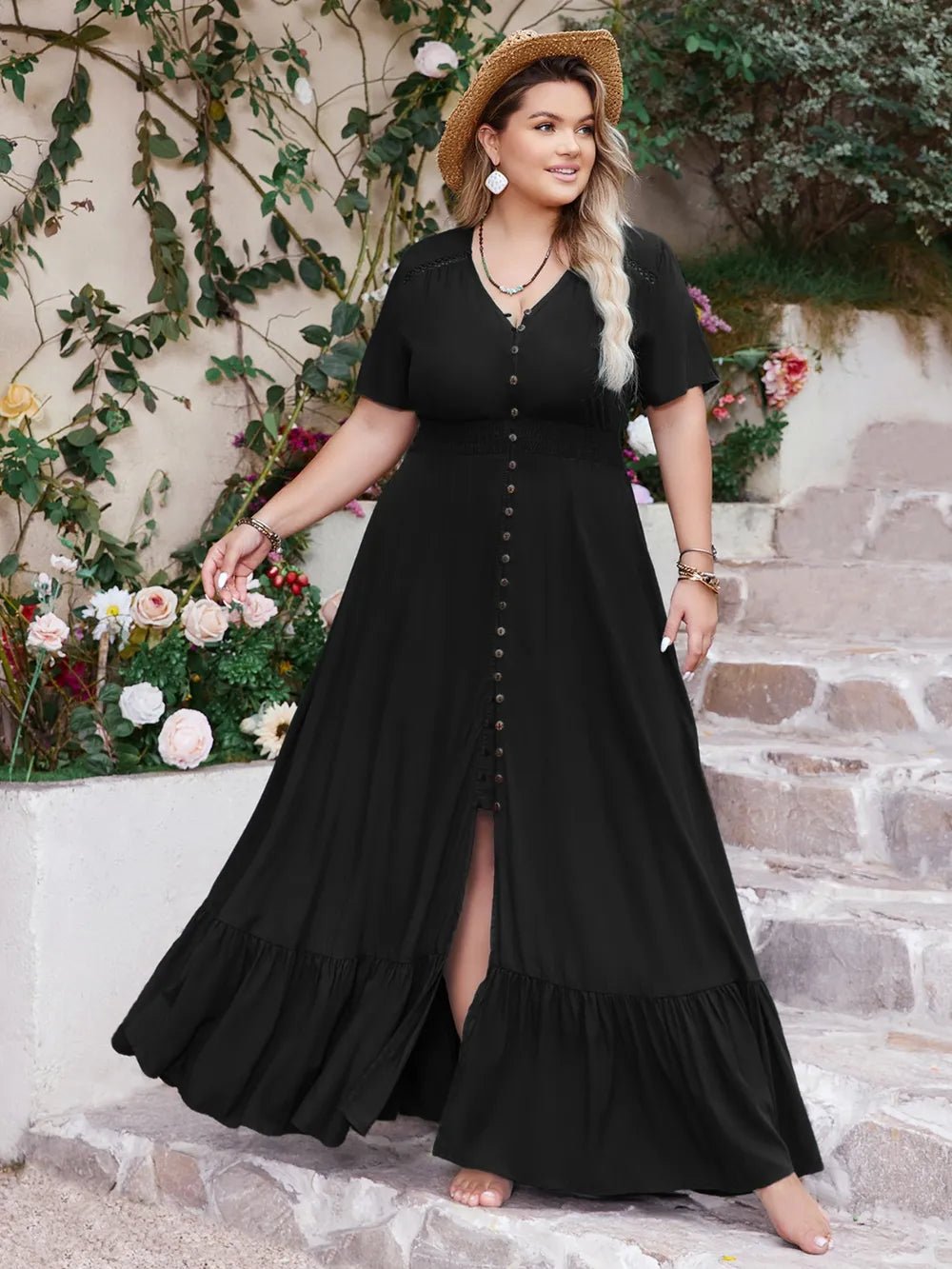 Plus Size Ruffled Hem Button Down V - Neck Short Sleeve Maxi Dress - MAD RUFFI