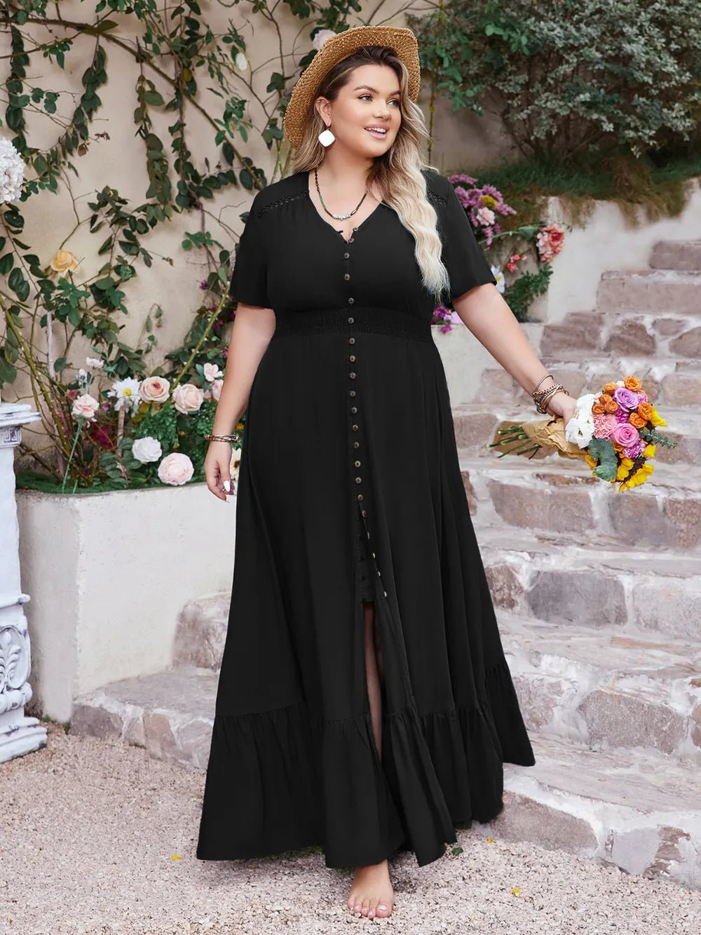 Plus Size Ruffled Hem Button Down V - Neck Short Sleeve Maxi Dress - MAD RUFFI