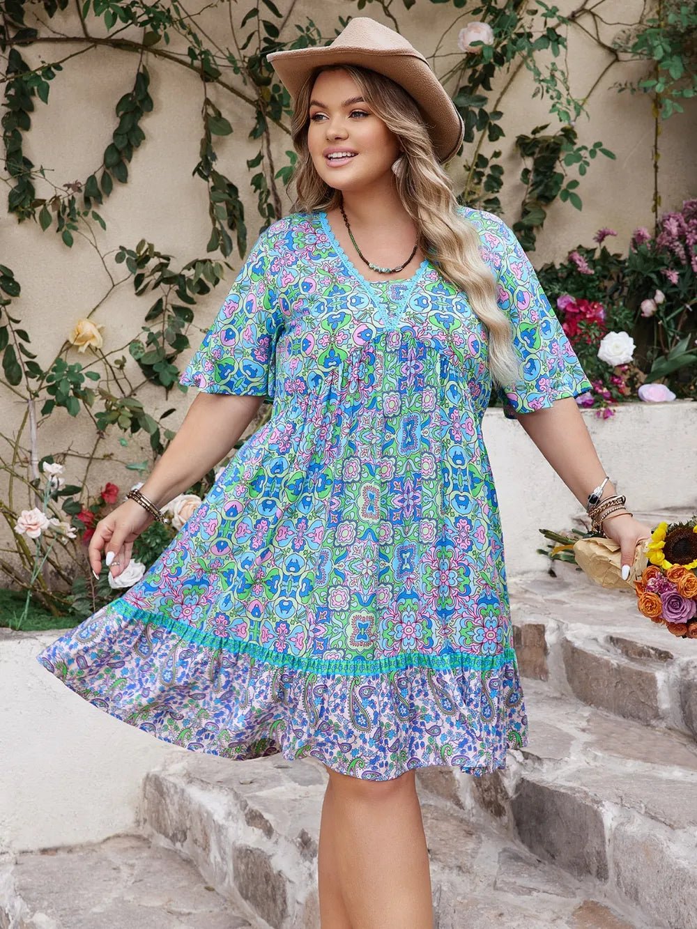 Plus Size Ruffled Hem Lace Detail Printed Half Sleeve Dress - MAD RUFFI