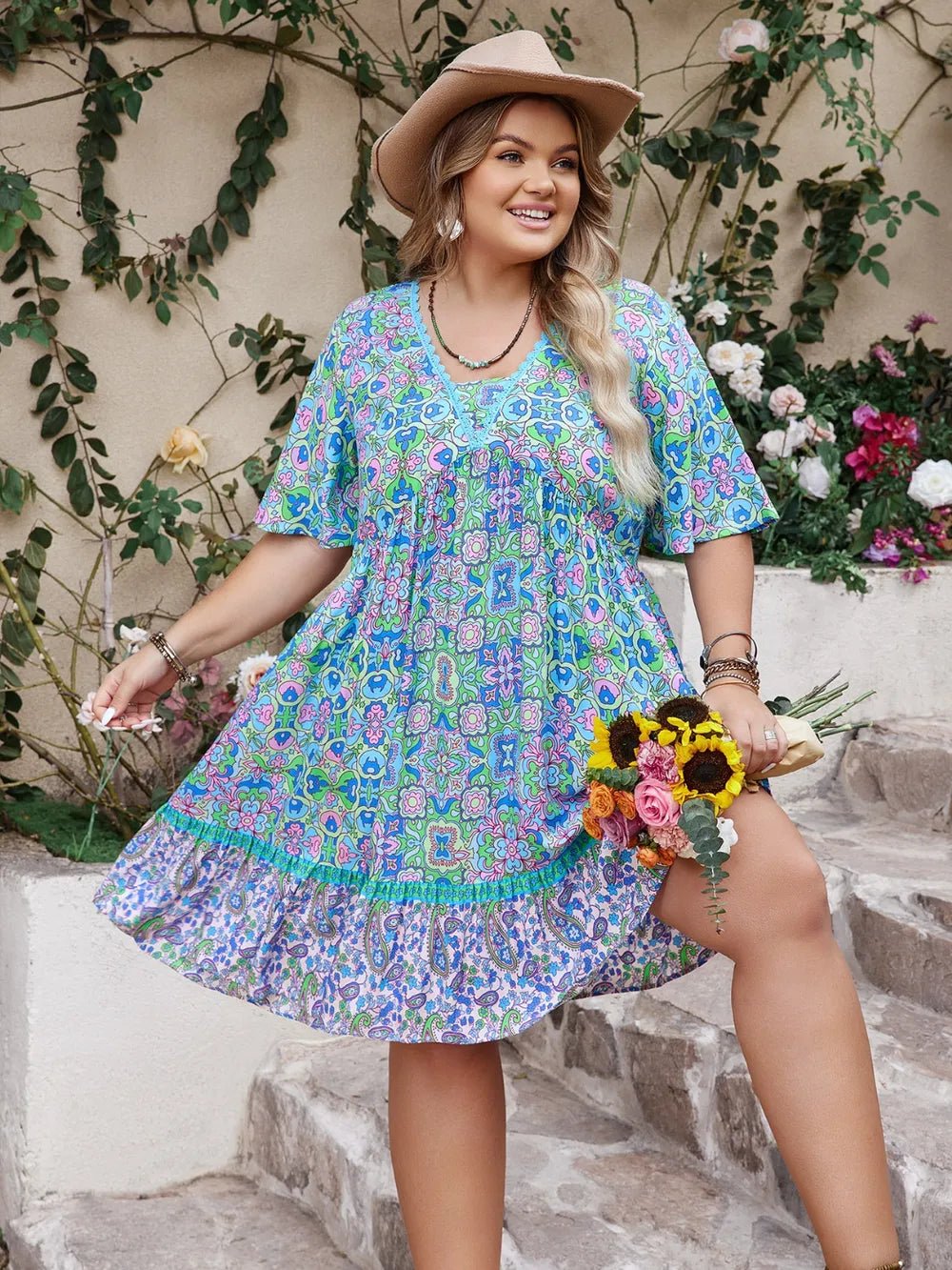 Plus Size Ruffled Hem Lace Detail Printed Half Sleeve Dress - MAD RUFFI