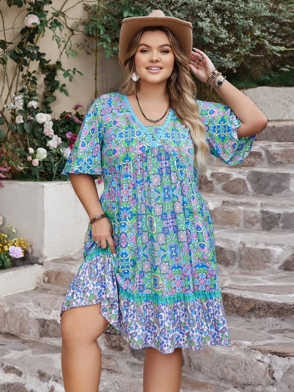 Plus Size Ruffled Hem Lace Detail Printed Half Sleeve Dress - MAD RUFFI