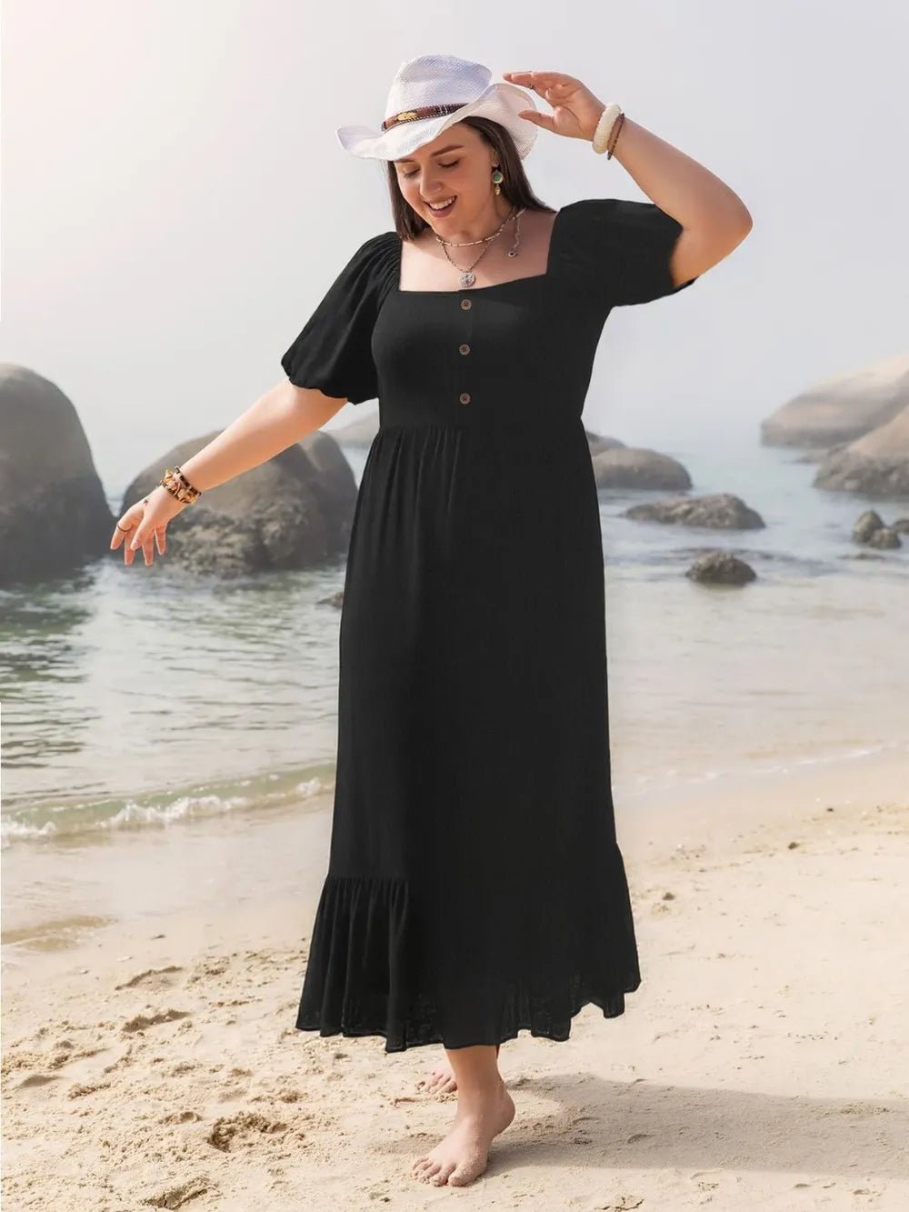Plus Size Ruffled Hem Square Neck Short Sleeve Dress - MAD RUFFI