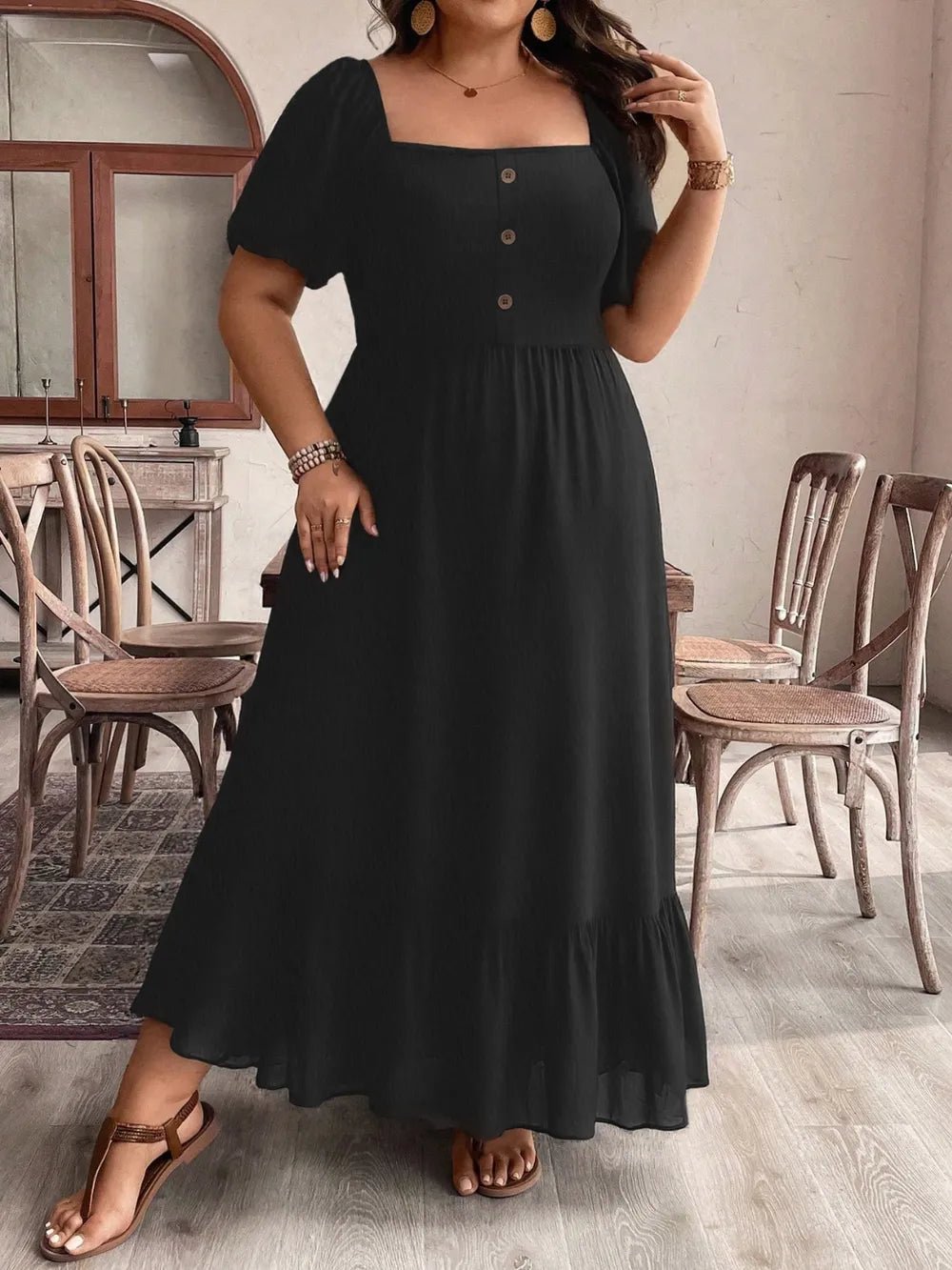 Plus Size Ruffled Hem Square Neck Short Sleeve Dress - MAD RUFFI