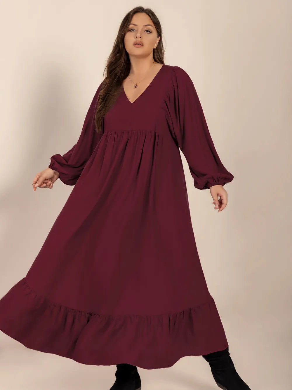 Plus Size Ruffled Hem V - Neck Balloon Sleeve Dress - MAD RUFFI