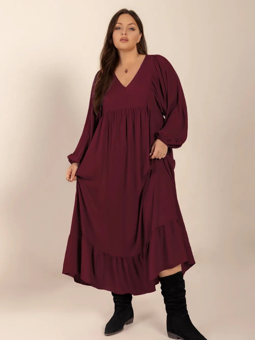 Plus Size Ruffled Hem V - Neck Balloon Sleeve Dress - MAD RUFFI