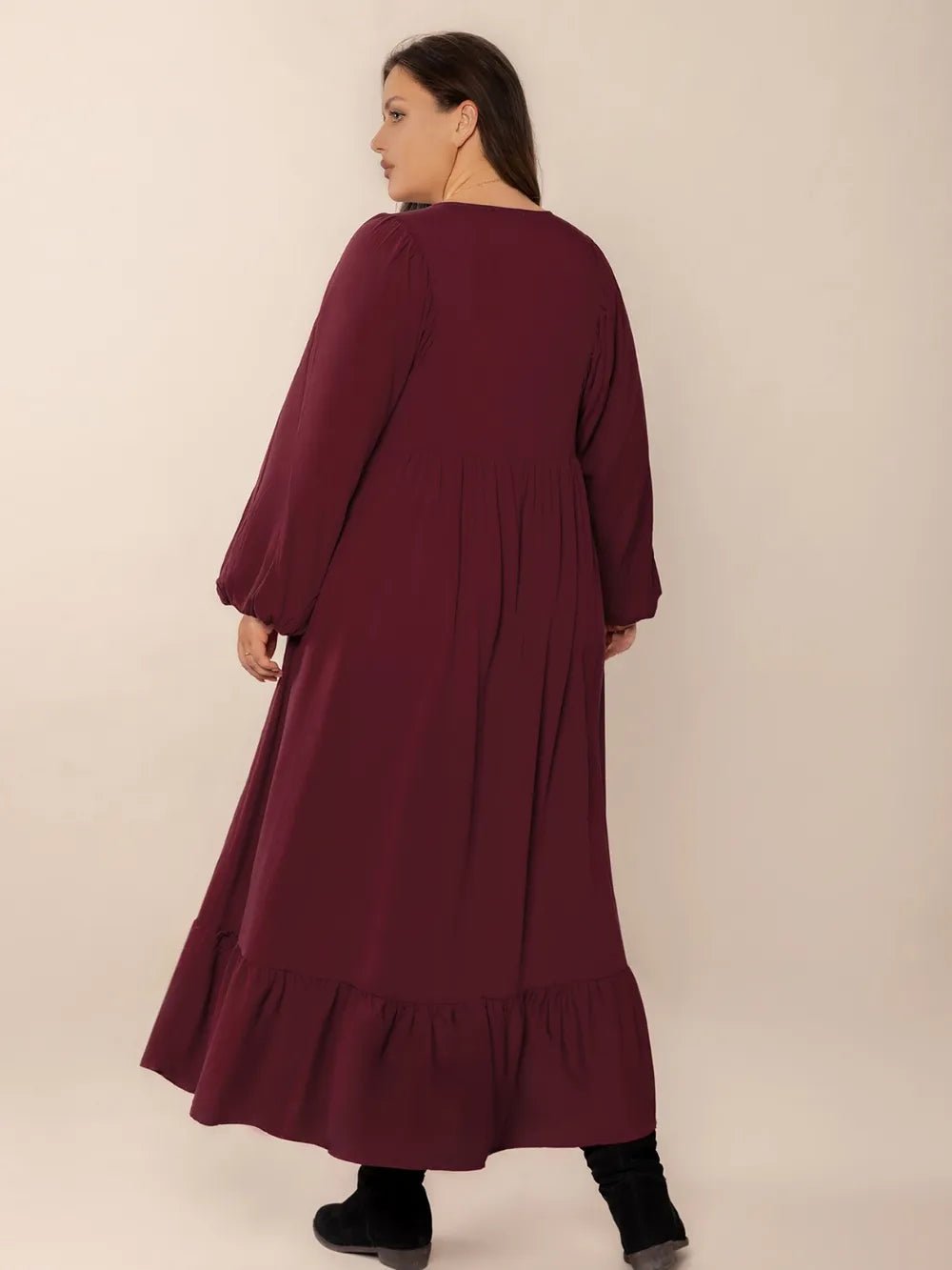 Plus Size Ruffled Hem V - Neck Balloon Sleeve Dress - MAD RUFFI