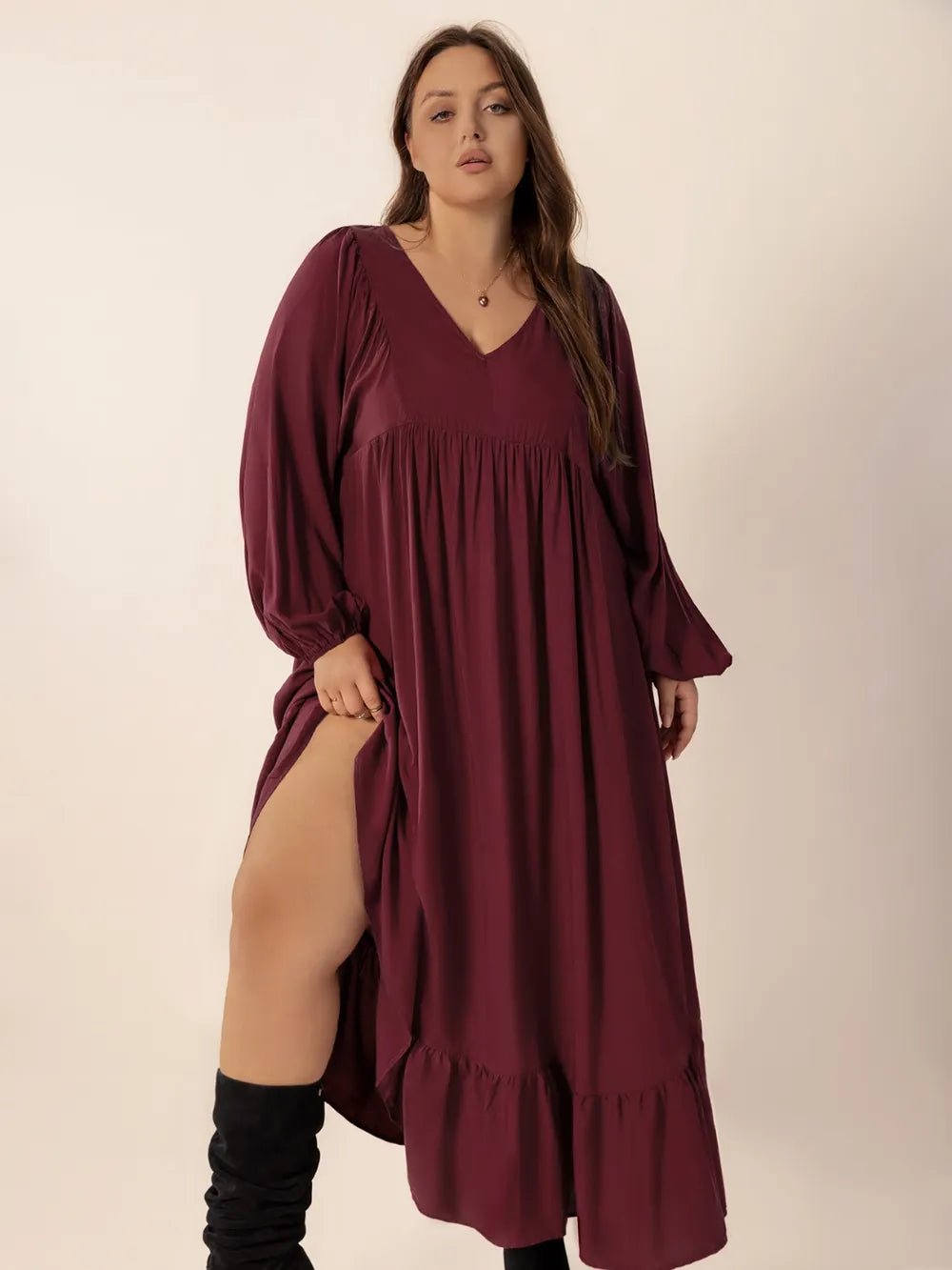 Plus Size Ruffled Hem V - Neck Balloon Sleeve Dress - MAD RUFFI