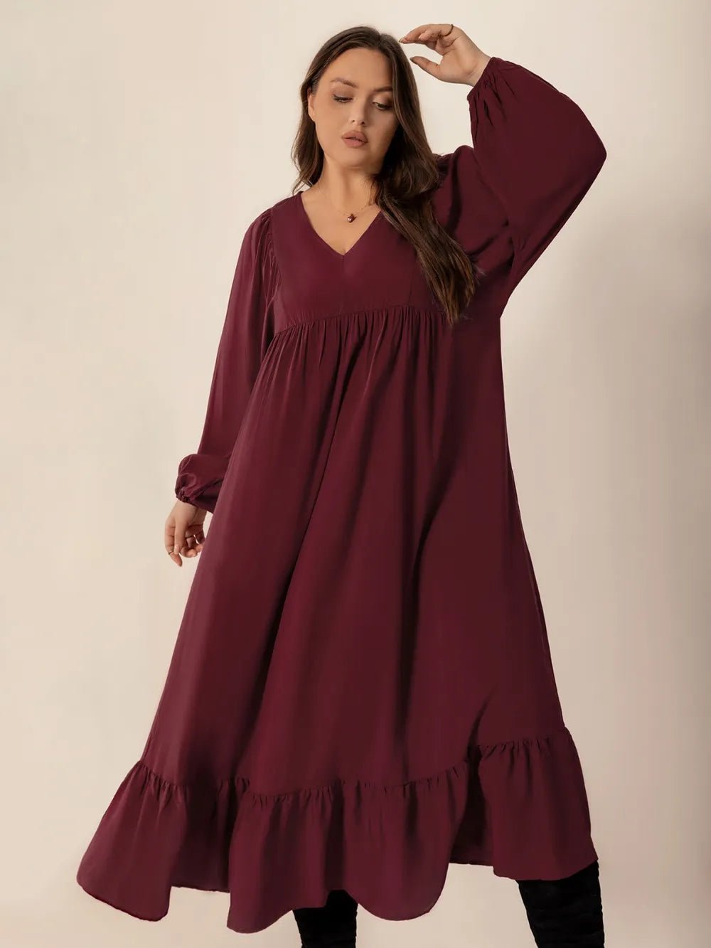 Plus Size Ruffled Hem V - Neck Balloon Sleeve Dress - MAD RUFFI