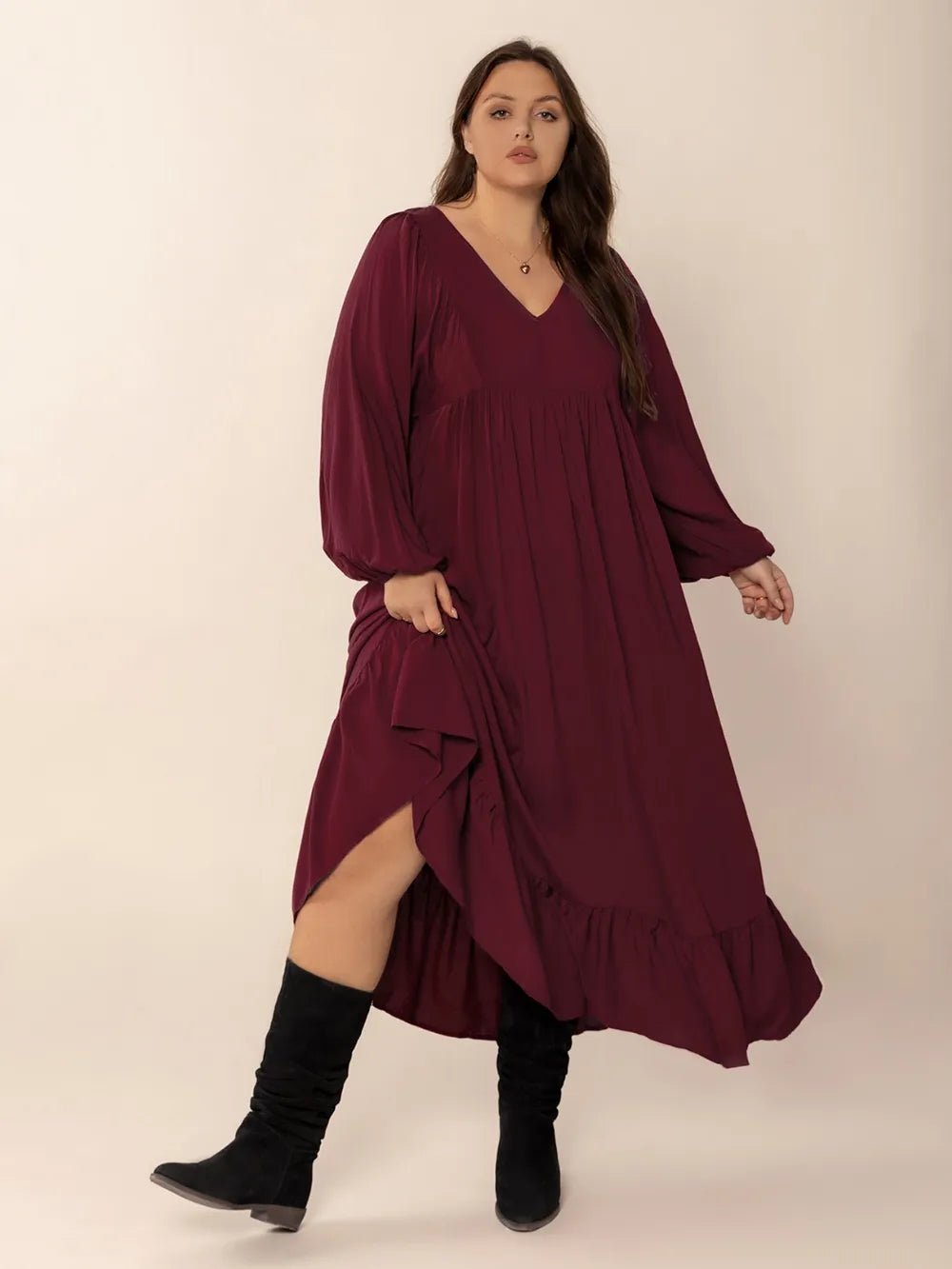 Plus Size Ruffled Hem V - Neck Balloon Sleeve Dress - MAD RUFFI