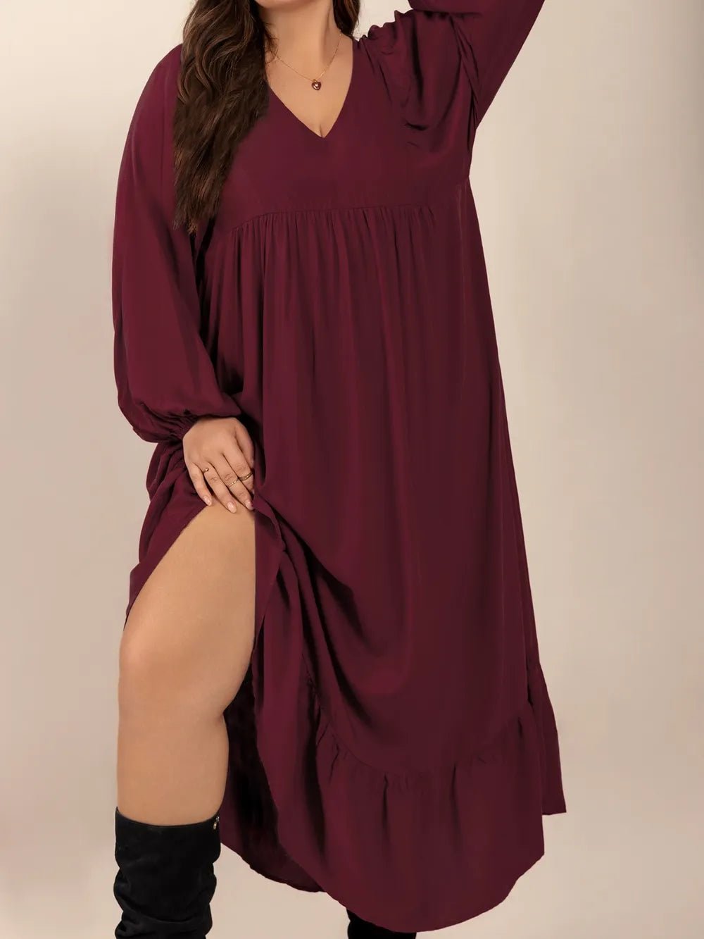 Plus Size Ruffled Hem V - Neck Balloon Sleeve Dress - MAD RUFFI
