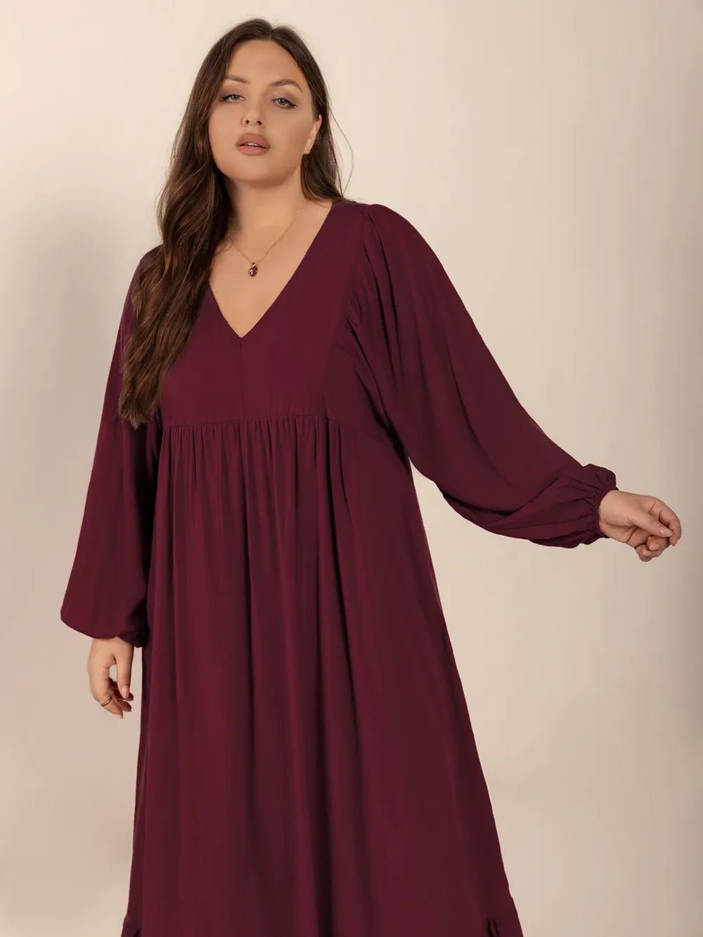 Plus Size Ruffled Hem V - Neck Balloon Sleeve Dress - MAD RUFFI
