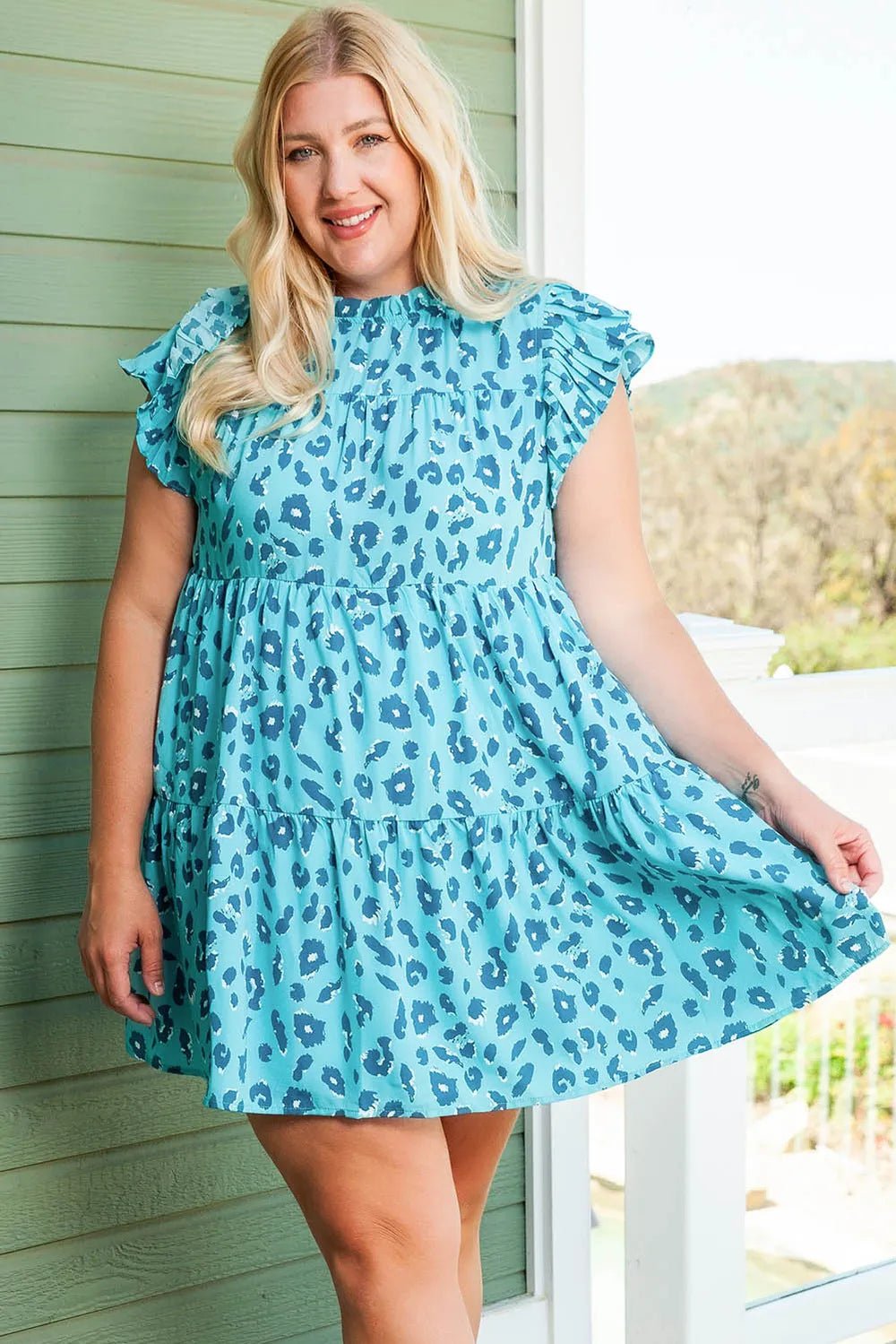 Plus Size Ruffled Leopard Cap Sleeve Mini Dress - MAD RUFFI