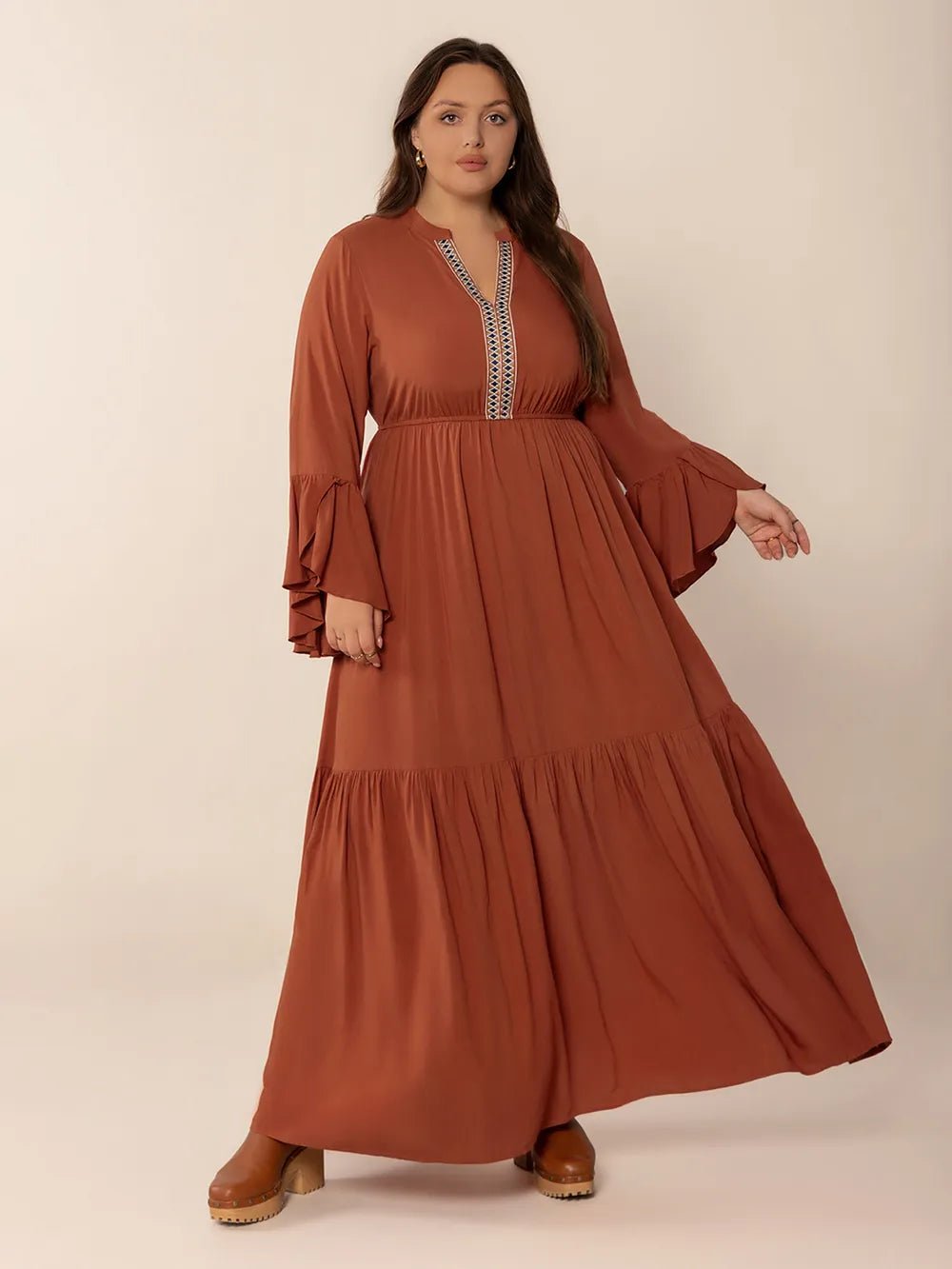 Plus Size Ruffled Notched Long Sleeve Midi Dress - MAD RUFFI