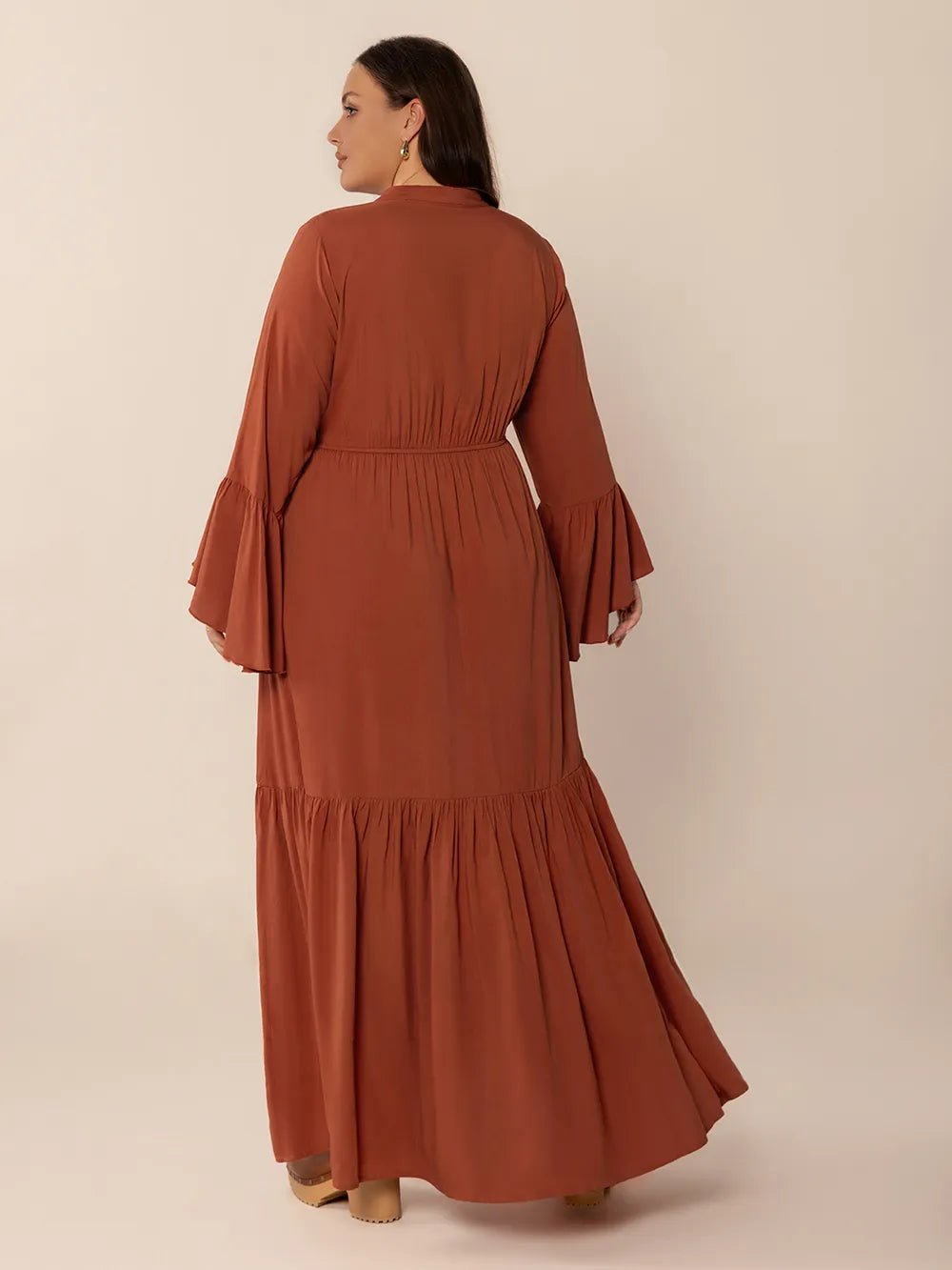 Plus Size Ruffled Notched Long Sleeve Midi Dress - MAD RUFFI