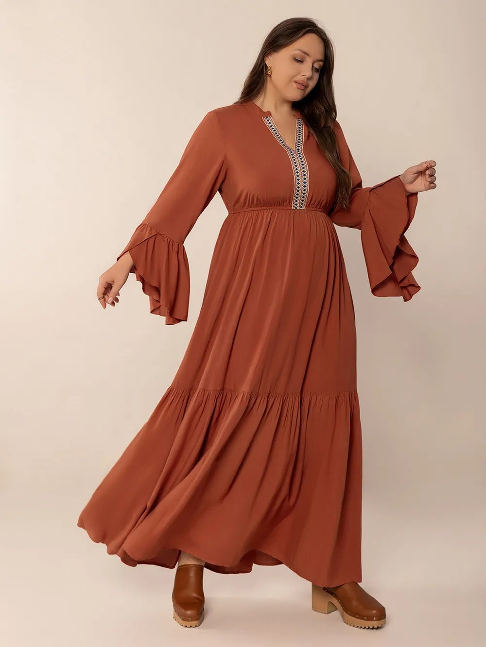 Plus Size Ruffled Notched Long Sleeve Midi Dress - MAD RUFFI