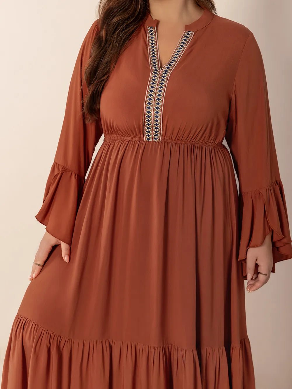 Plus Size Ruffled Notched Long Sleeve Midi Dress - MAD RUFFI