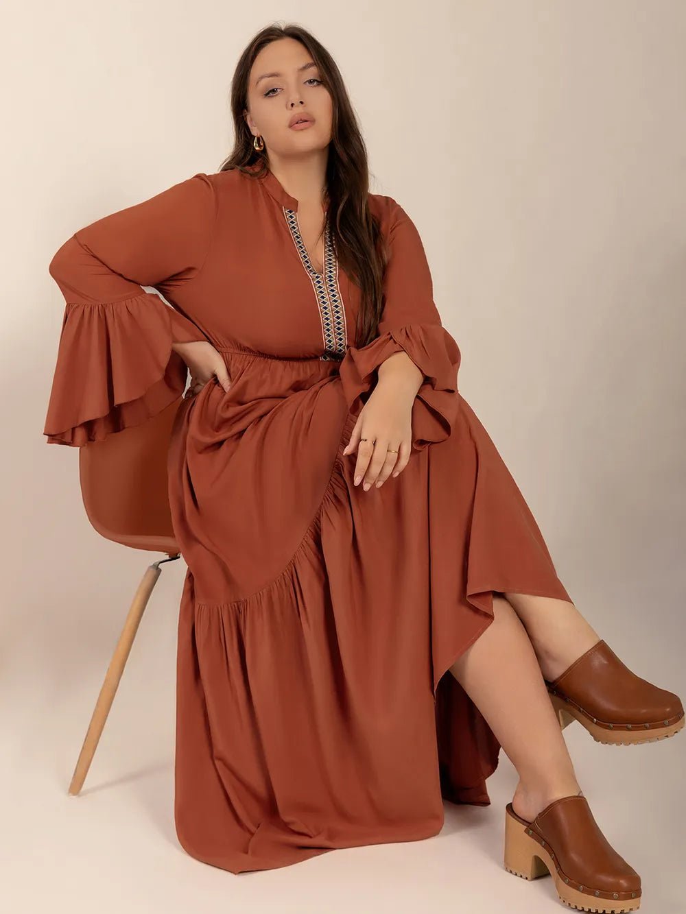 Plus Size Ruffled Notched Long Sleeve Midi Dress - MAD RUFFI