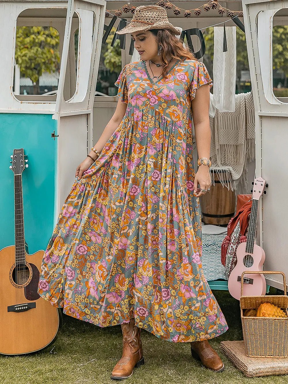 Plus Size Ruffled Printed Cap Sleeve Dress - MAD RUFFI