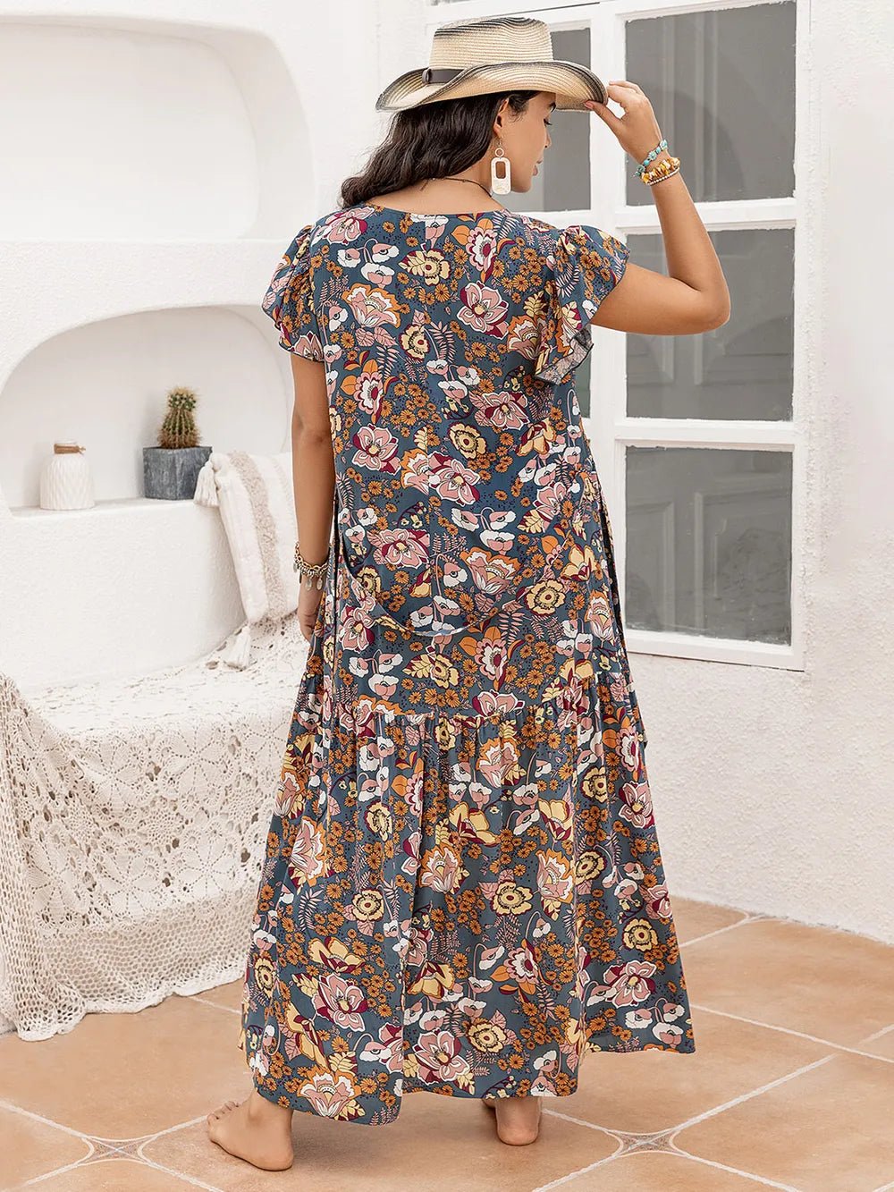 Plus Size Ruffled Printed Cap Sleeve Dress - MAD RUFFI