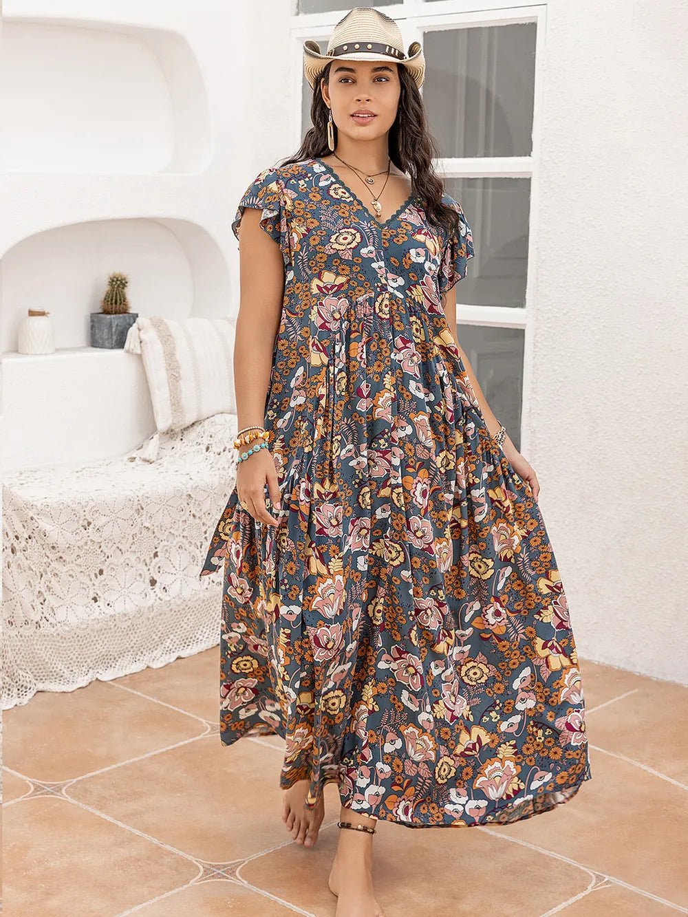 Plus Size Ruffled Printed Cap Sleeve Dress - MAD RUFFI