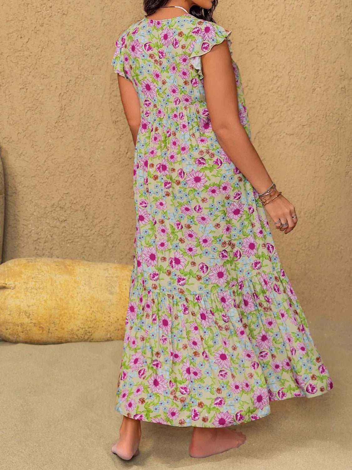 Plus Size Ruffled Printed V - Neck Midi Dress - MAD RUFFI