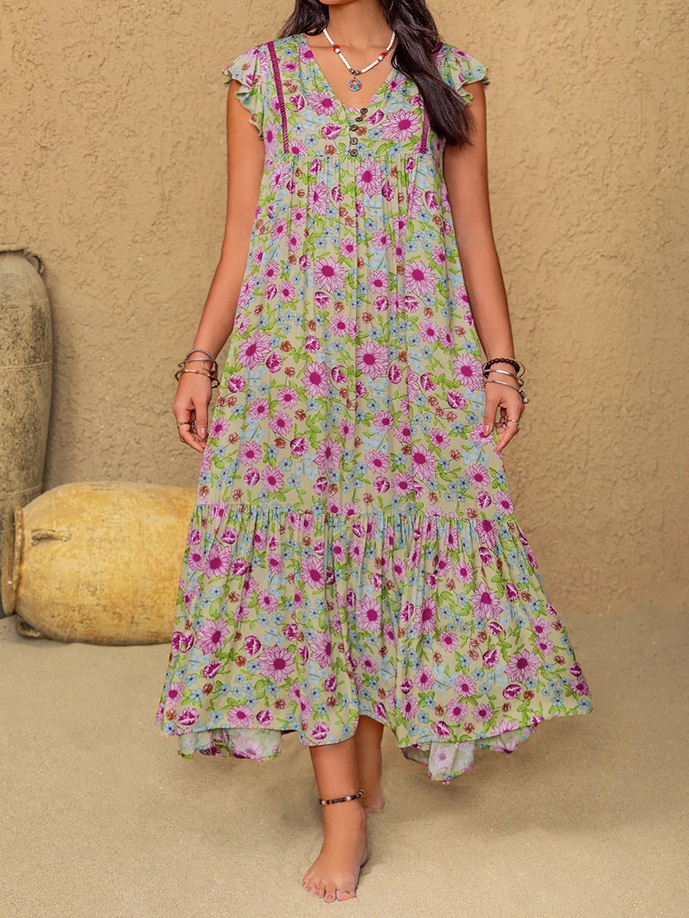 Plus Size Ruffled Printed V - Neck Midi Dress - MAD RUFFI