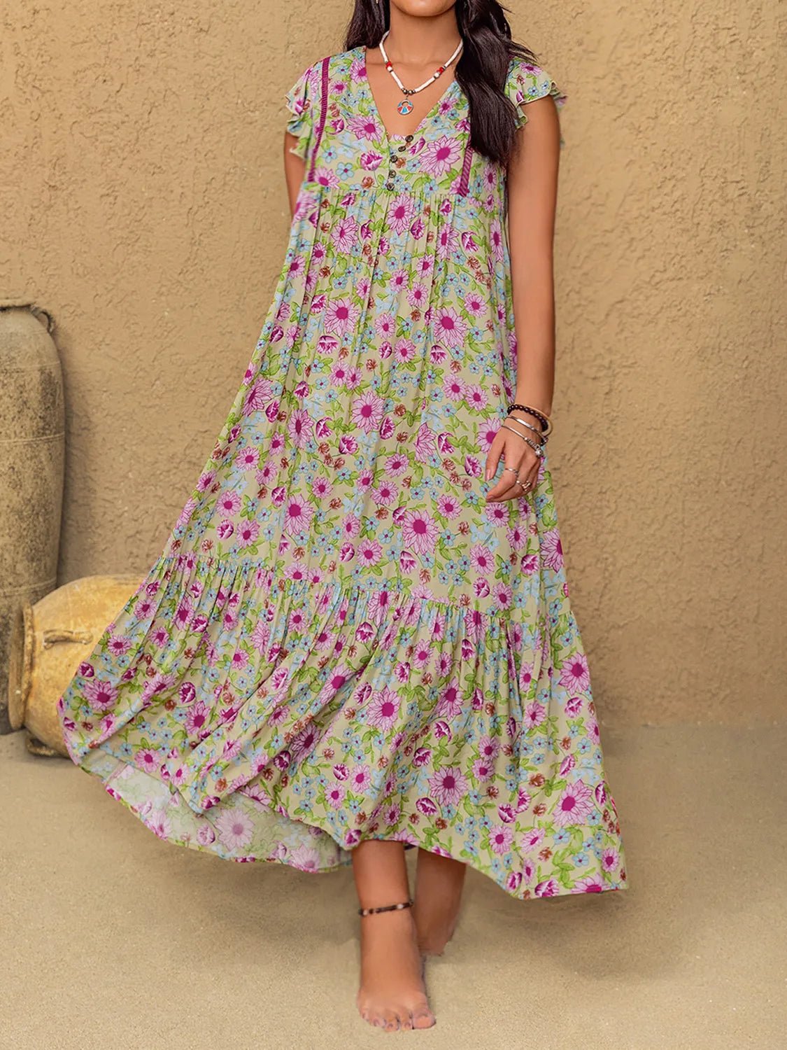 Plus Size Ruffled Printed V - Neck Midi Dress - MAD RUFFI