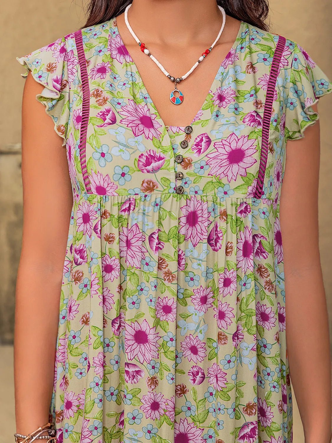 Plus Size Ruffled Printed V - Neck Midi Dress - MAD RUFFI