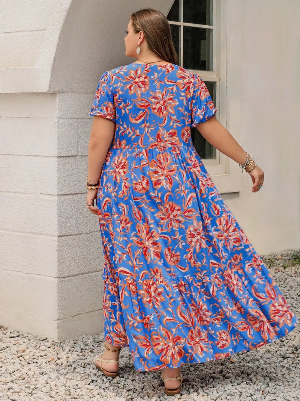 Plus Size Ruffled Printed V - Neck Short Sleeve Maxi Dress - MAD RUFFI