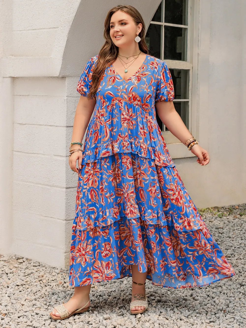 Plus Size Ruffled Printed V - Neck Short Sleeve Maxi Dress - MAD RUFFI