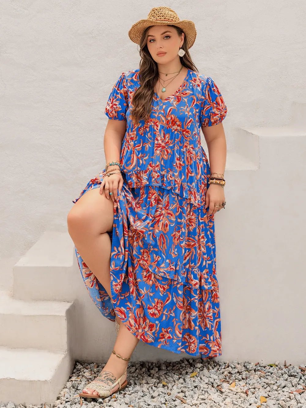 Plus Size Ruffled Printed V - Neck Short Sleeve Maxi Dress - MAD RUFFI