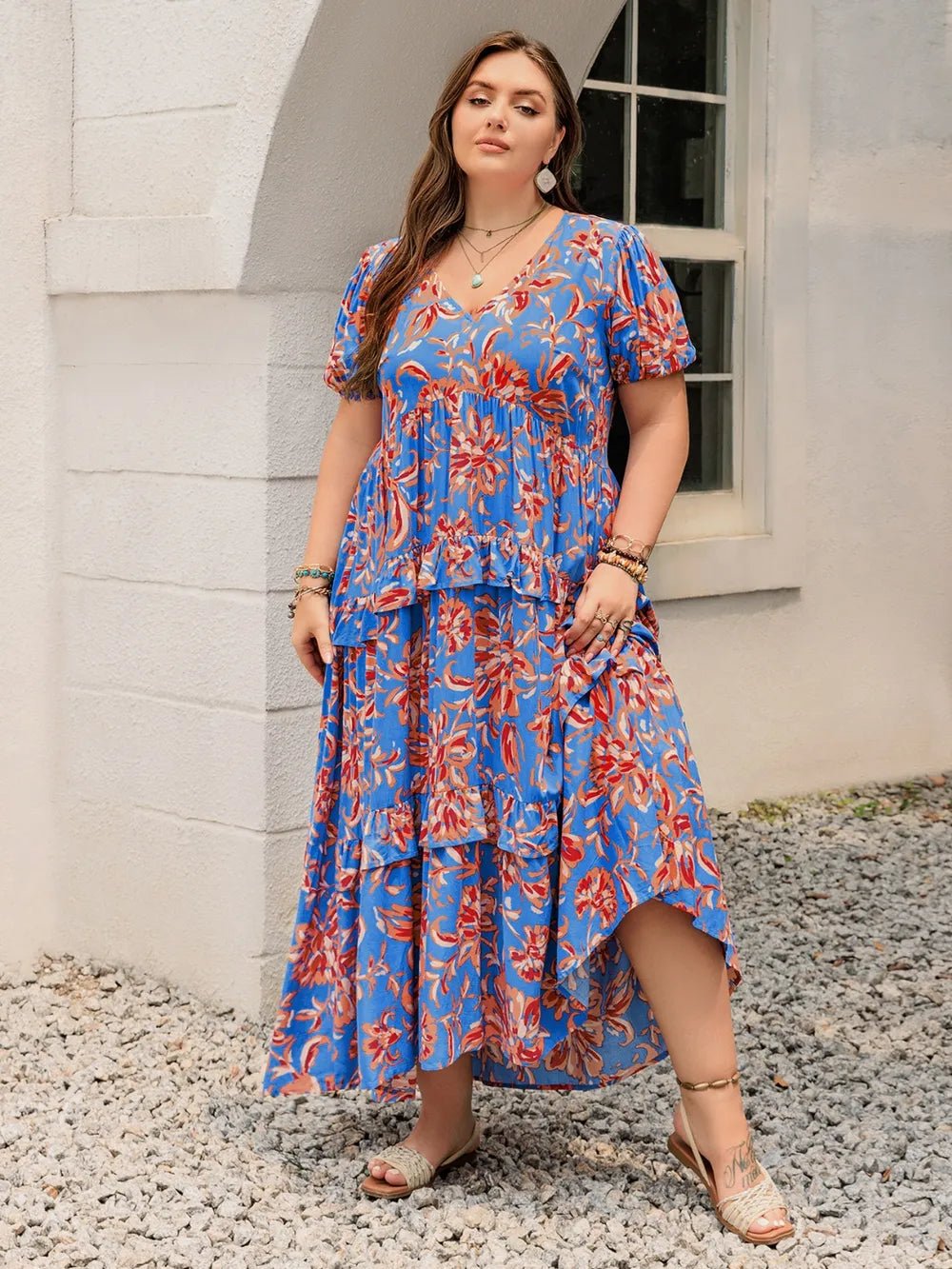 Plus Size Ruffled Printed V - Neck Short Sleeve Maxi Dress - MAD RUFFI