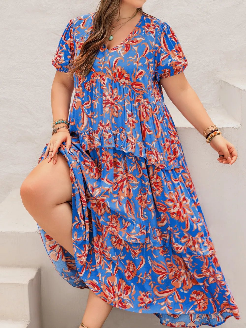 Plus Size Ruffled Printed V - Neck Short Sleeve Maxi Dress - MAD RUFFI