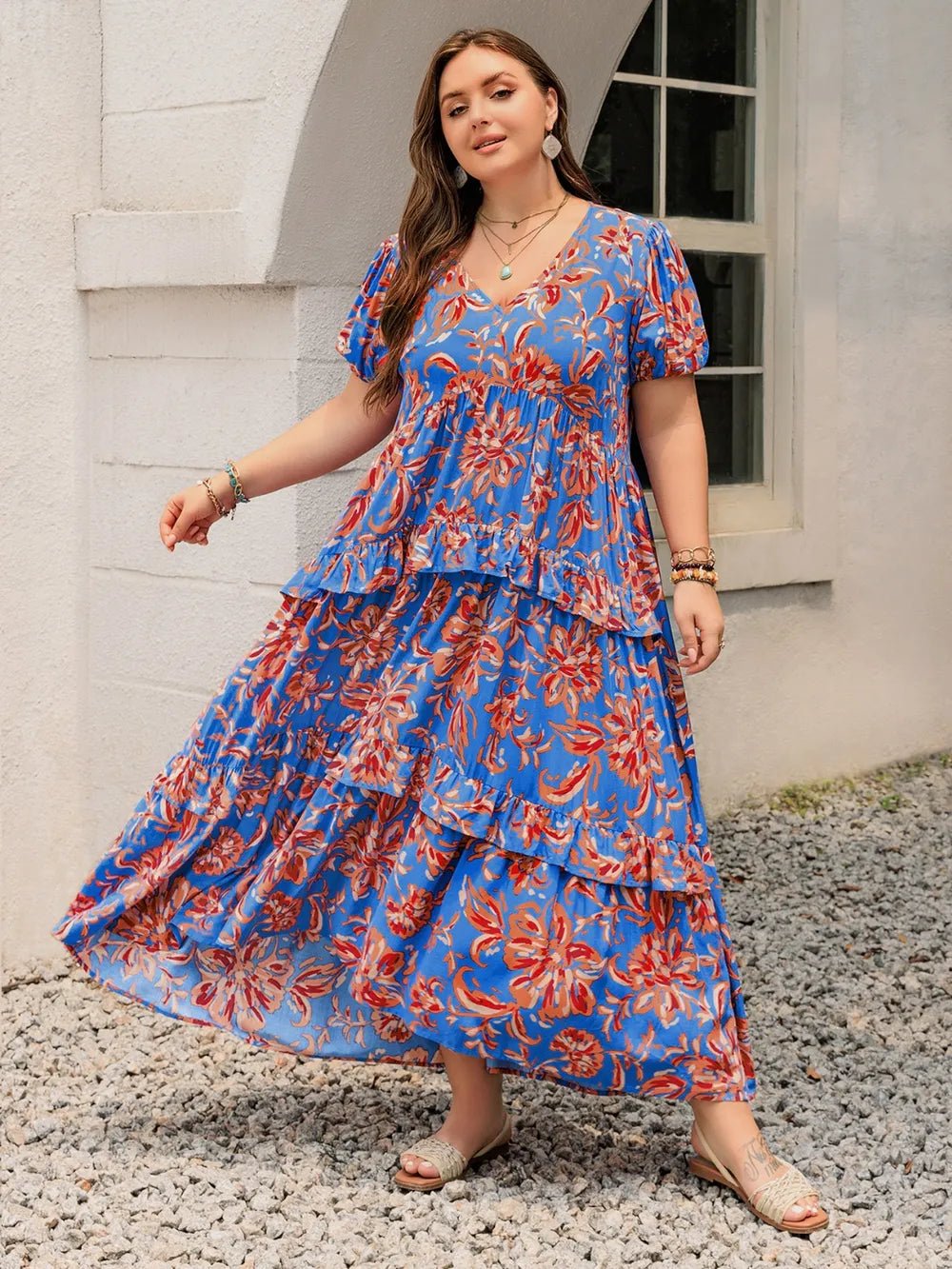 Plus Size Ruffled Printed V - Neck Short Sleeve Maxi Dress - MAD RUFFI