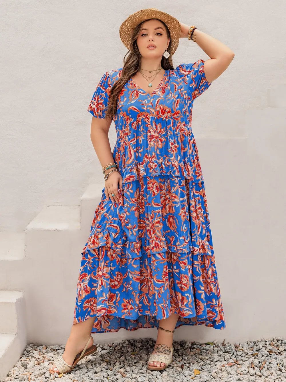 Plus Size Ruffled Printed V - Neck Short Sleeve Maxi Dress - MAD RUFFI