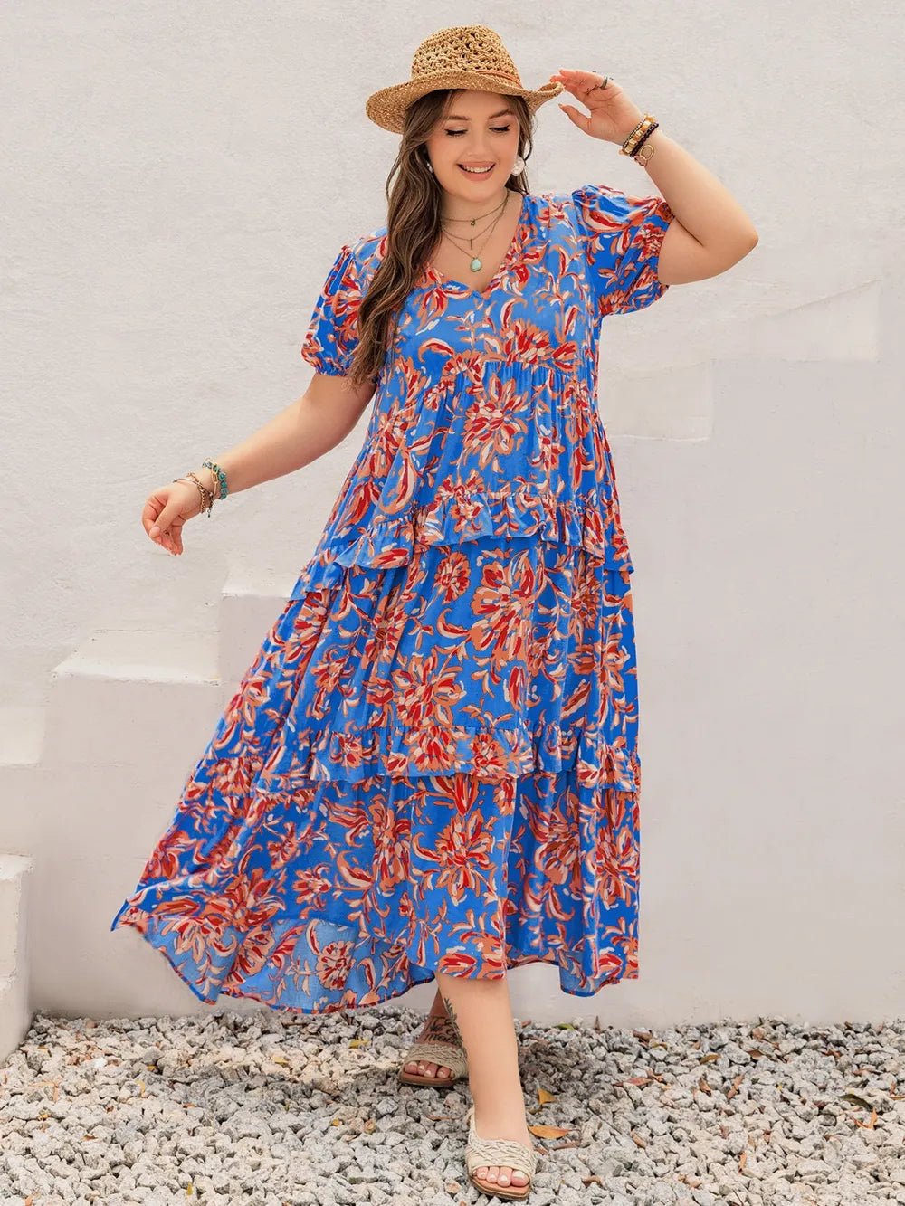 Plus Size Ruffled Printed V - Neck Short Sleeve Maxi Dress - MAD RUFFI