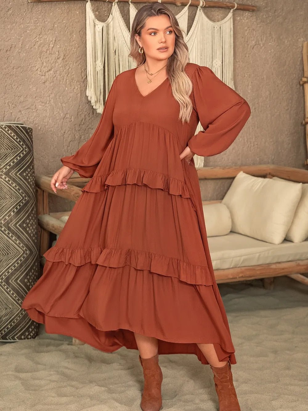 Plus Size Ruffled V - Neck Balloon Sleeve Dress - MAD RUFFI