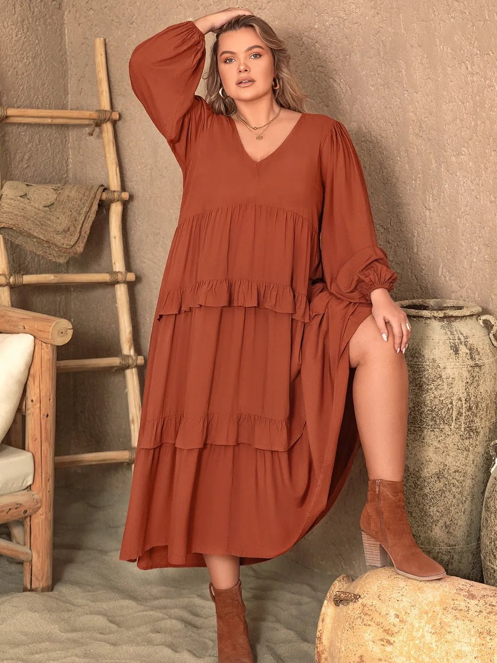 Plus Size Ruffled V - Neck Balloon Sleeve Dress - MAD RUFFI