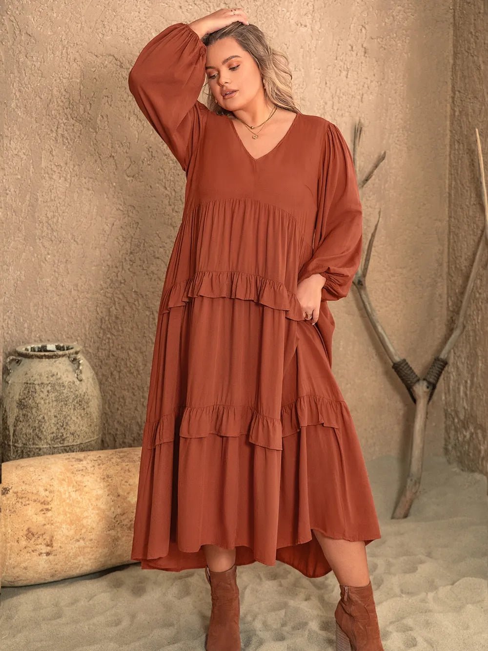 Plus Size Ruffled V - Neck Balloon Sleeve Dress - MAD RUFFI