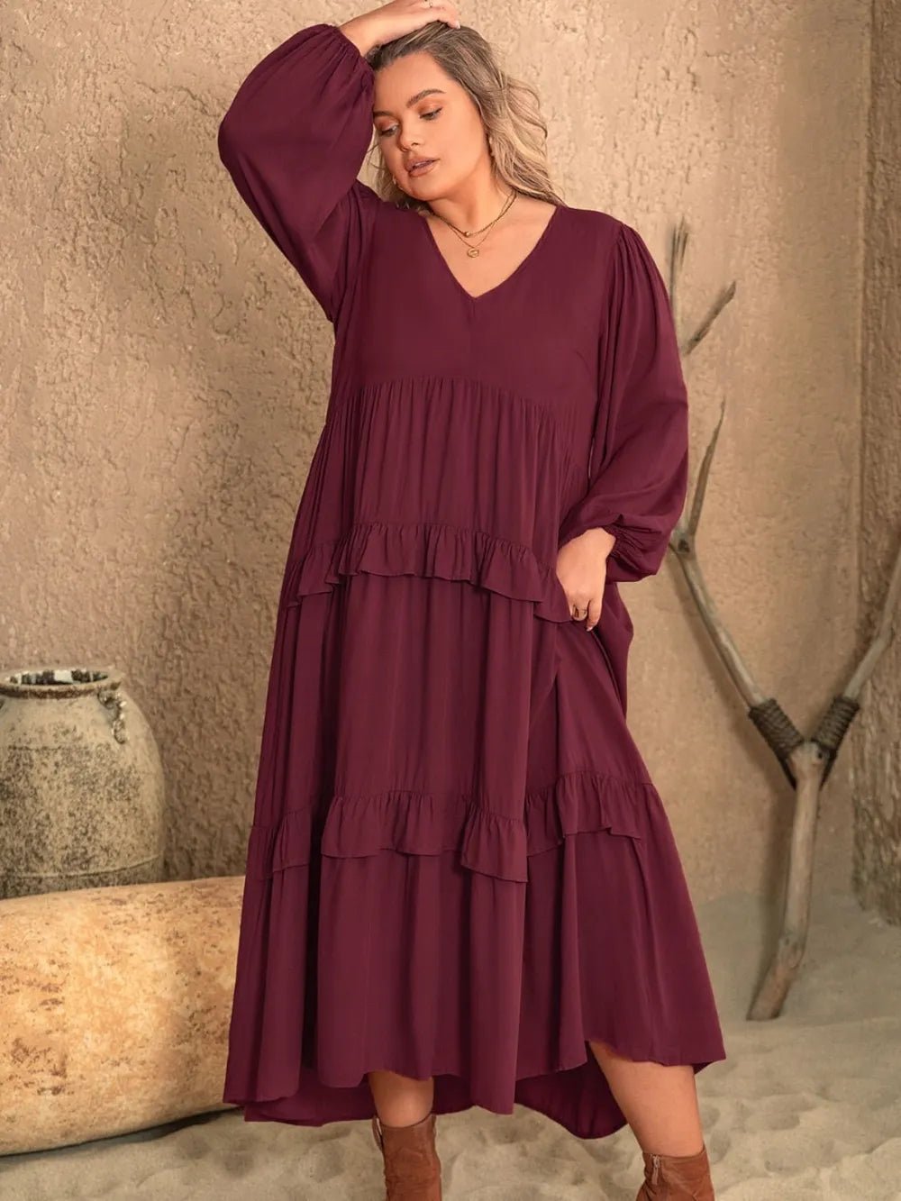 Plus Size Ruffled V - Neck Long Sleeve Dress - MAD RUFFI