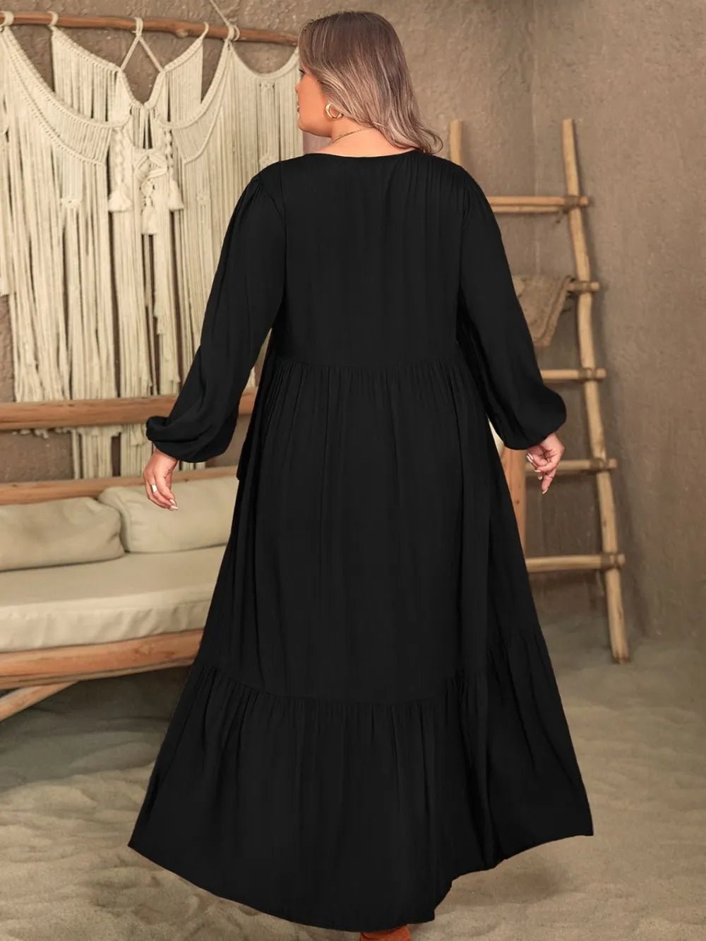Plus Size Ruffled V - Neck Long Sleeve Dress - MAD RUFFI