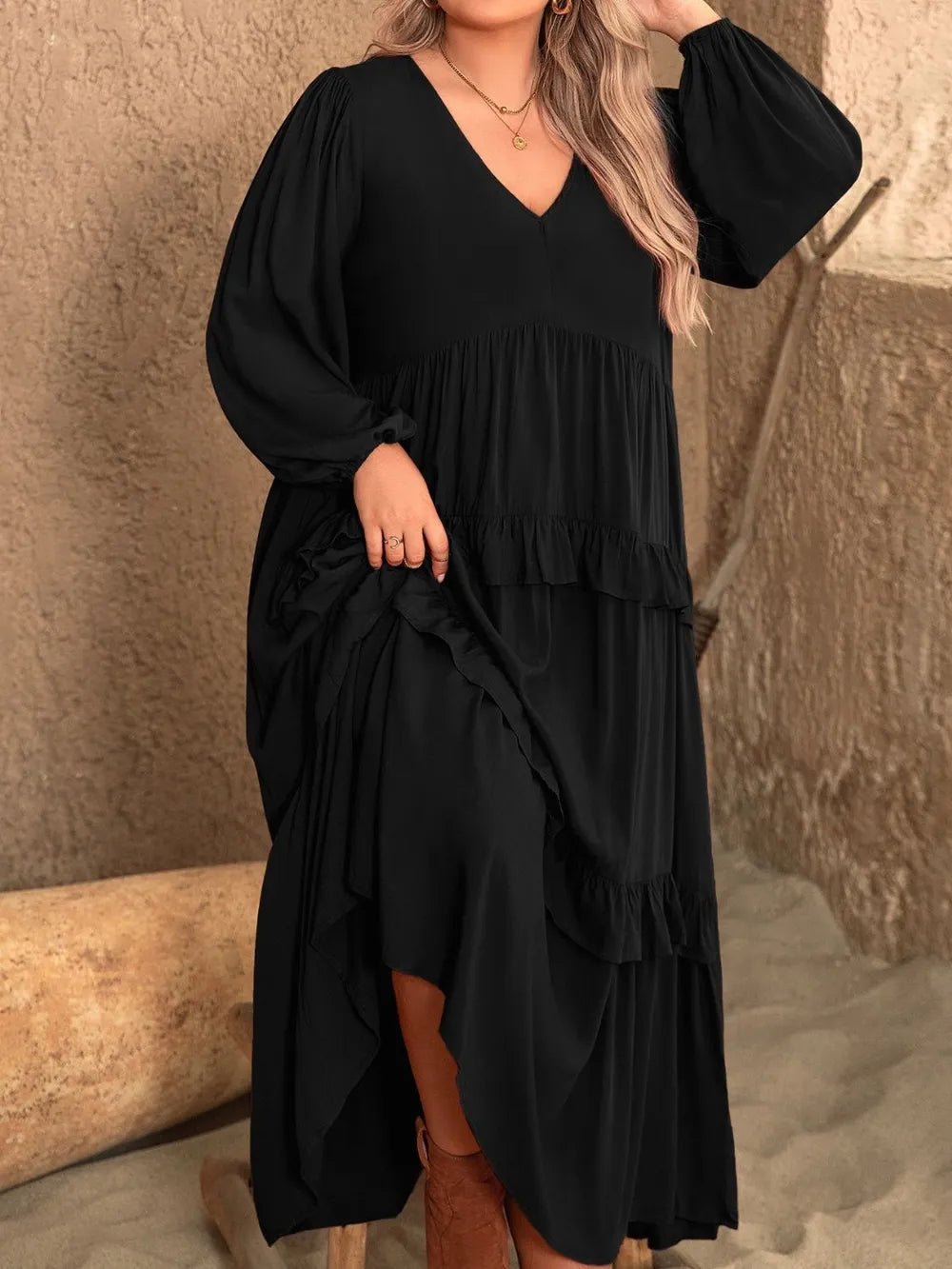 Plus Size Ruffled V - Neck Long Sleeve Dress - MAD RUFFI