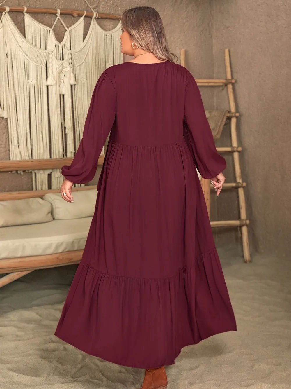 Plus Size Ruffled V - Neck Long Sleeve Dress - MAD RUFFI
