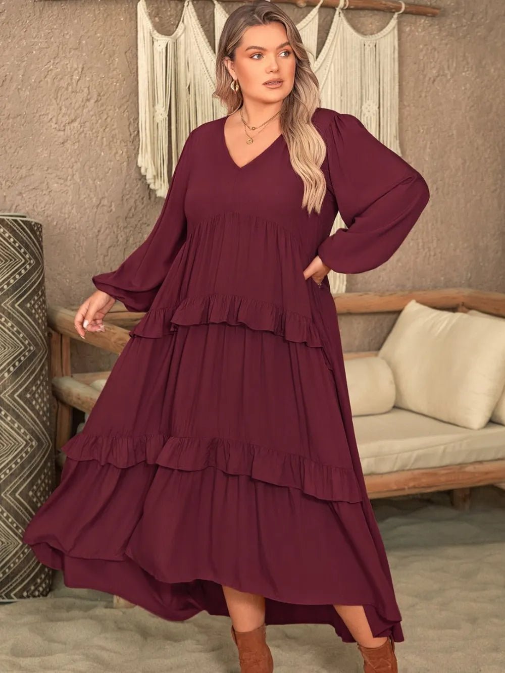 Plus Size Ruffled V - Neck Long Sleeve Dress - MAD RUFFI