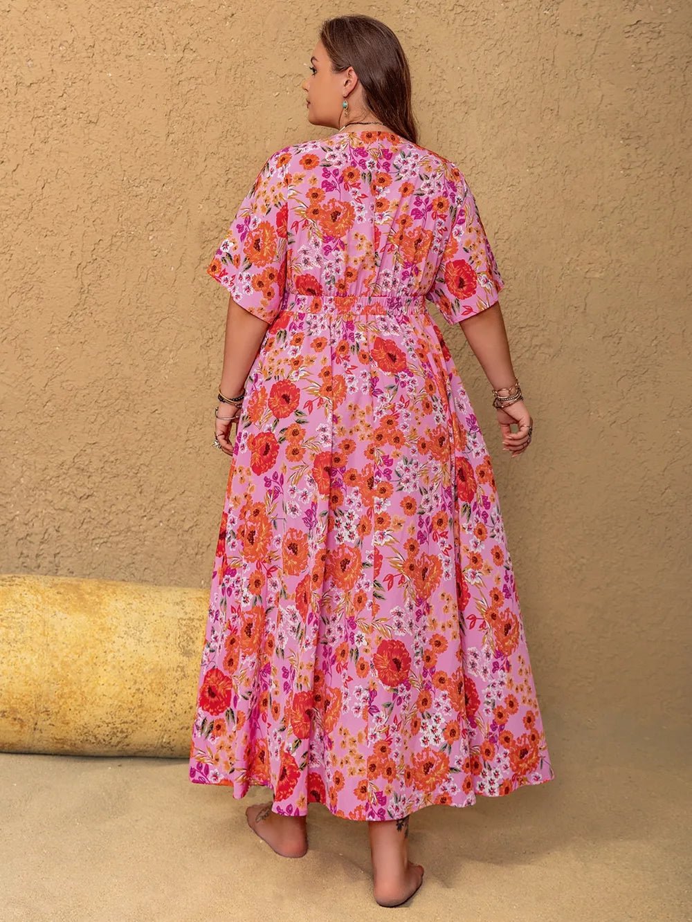 Plus Size Slit Floral V - Neck Half Sleeve Maxi Dress - MAD RUFFI