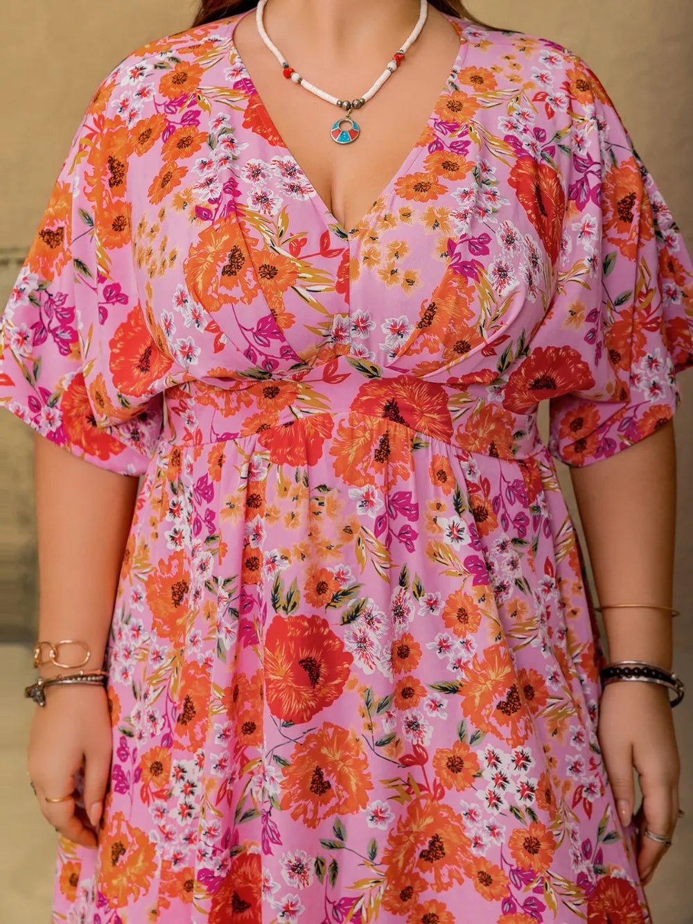 Plus Size Slit Floral V - Neck Half Sleeve Maxi Dress - MAD RUFFI