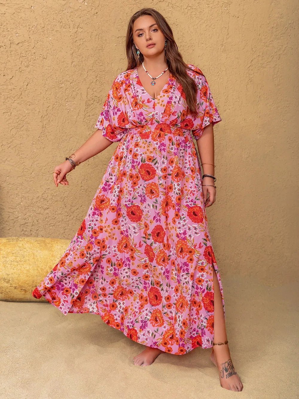 Plus Size Slit Floral V - Neck Half Sleeve Maxi Dress - MAD RUFFI