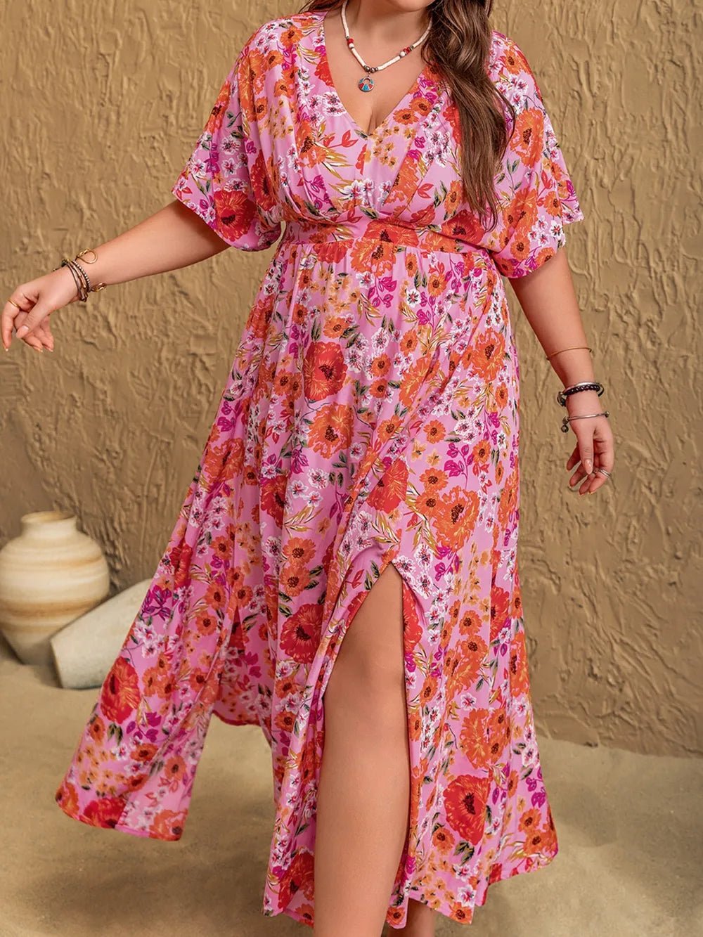 Plus Size Slit Floral V - Neck Half Sleeve Maxi Dress - MAD RUFFI
