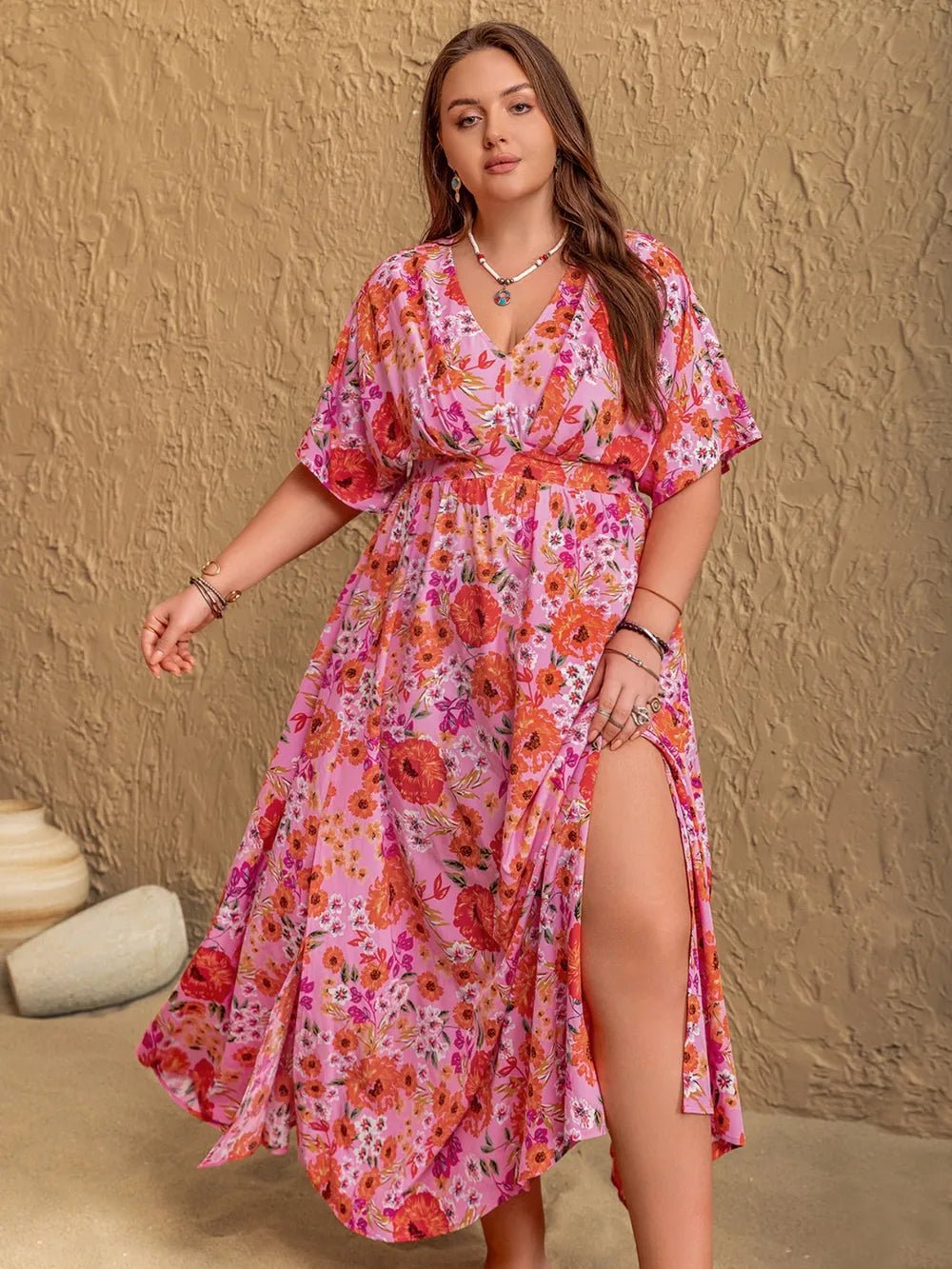 Plus Size Slit Floral V - Neck Half Sleeve Maxi Dress - MAD RUFFI