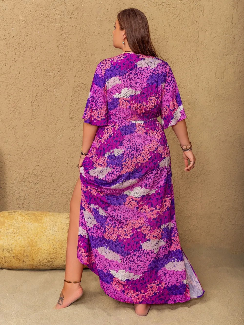 Plus Size Slit Printed Half Sleeve Maxi Dress - MAD RUFFI
